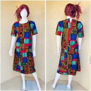 80s Vintage Bold Patchwork Skirt & Shoulder Pad Top Set